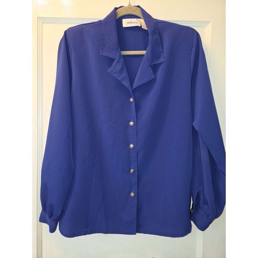 Vintage 80's Worthington Royal Blue Button-Up Collared Long Sleeve Blouse 8